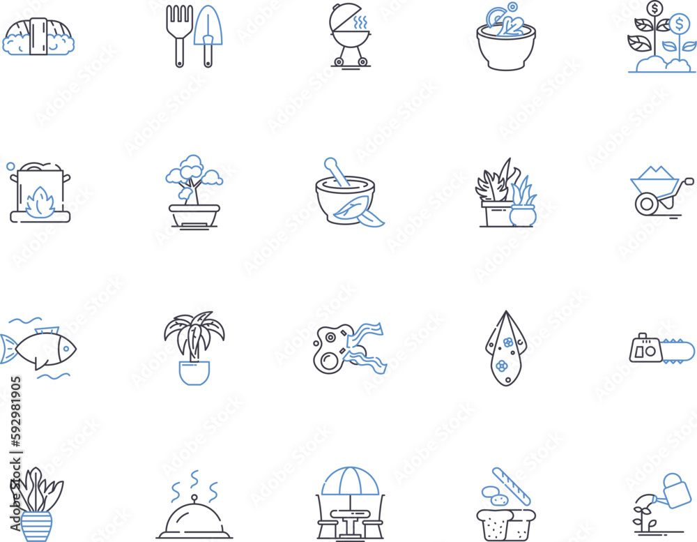 Farming outline icons collection. Cropping, Cultivation, Plowing, Planting, Tillage, Irrigation, Reaping vector and illustration concept set. Harvesting, Sowing, Weeding linear signs