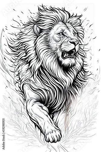 Fierce lion roaring in the jungle  line art for coloring book  crisp lines  white background  AI generative