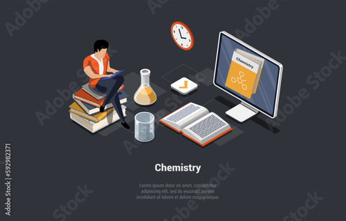 Chemistry Studying, Subject, Education, Online Science Courses. Male Character Reading Chemistry Textbook Sitting Near Flask with Reagents. School Education System. Isometric 3d Vector Illustration