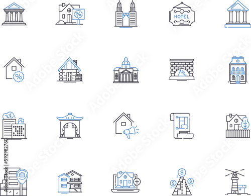 Real estate outline icons collection. Realty, Property, Broker, Studio, Condo, Mansion, Investment vector and illustration concept set. Lease, Residence, Home linear signs