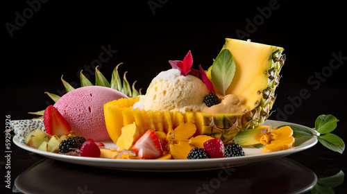 Delicious ice cream sandae with fruits and berries, AI generative sweets photo