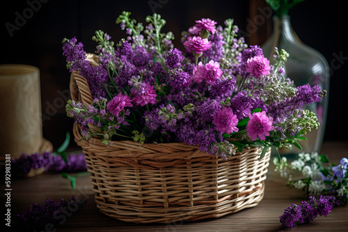 A basket filled with lots of purple flowers. Generative AI