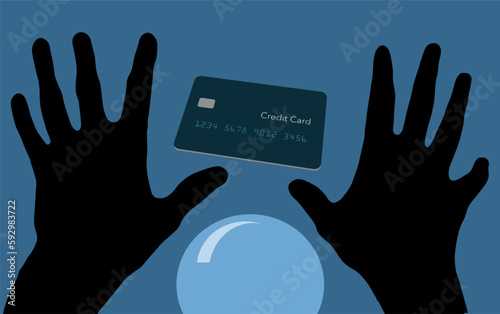 Hands reach and a crystal ball are seen as a generic credit card hovers in the air in a 3-d illustration about the future of credit cards or your future card being magical