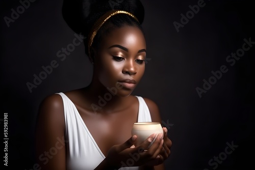 ..Fresh-faced black woman glowing with beauty regimens and self-care photo