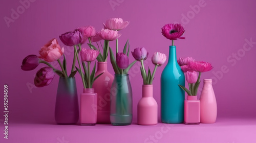 Tulips in vases on a pink background Generated AI