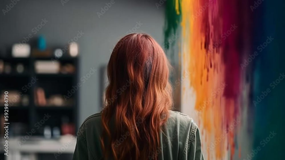 back view of young woman with long red hair painting on wall in office back view of young woman with long red hair painting on wall in office