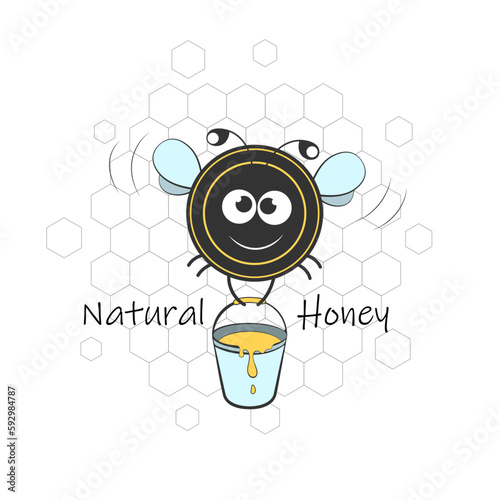 A cartoon bee carries a bucket of natural honey in its paws.