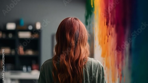 back view of young woman with long red hair painting on wall in office