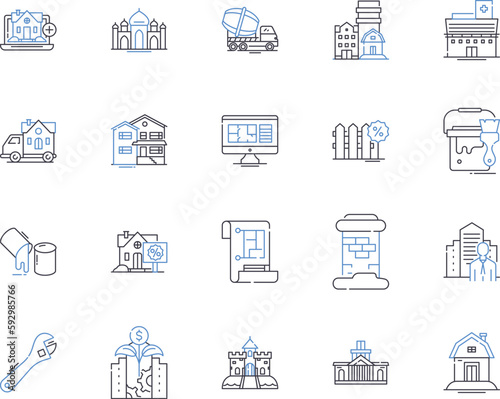 Real Estate Technology outline icons collection. Realty, Technological, Proptech, Innovation, Automation, AI, Analytics vector and illustration concept set. Digital, Platforms, Net linear signs