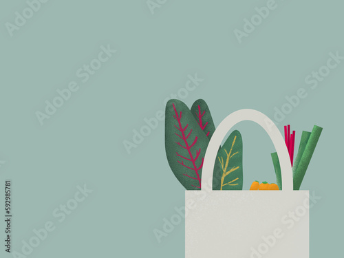 Fresh vegetables in an eco bag illustration on a teal background