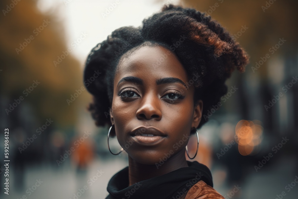 This stunning portrait captures the beauty and confidence of a young woman against the backdrop of a bustling city street Generative AI This stunning portrait captures the beauty and confidence of a young woman against the backdrop of a bustling city street Generative AI