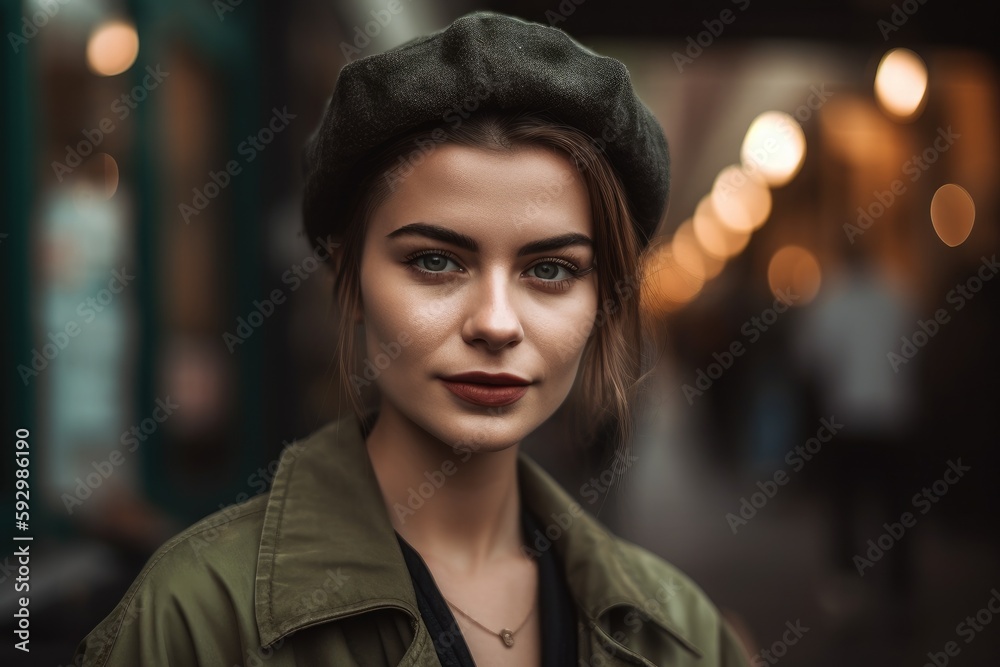 This stunning portrait captures the beauty and confidence of a young woman against the backdrop of a bustling city street Generative AI This stunning portrait captures the beauty and confidence of a young woman against the backdrop of a bustling city street Generative AI