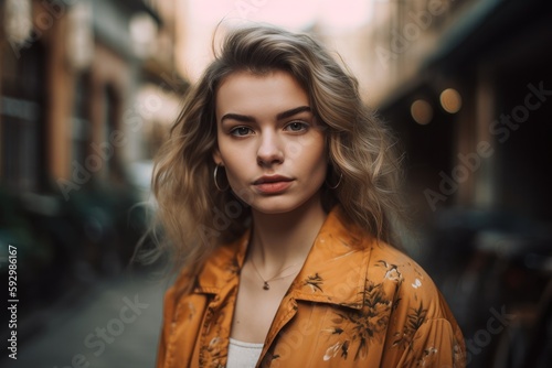 This stunning portrait captures the beauty and confidence of a young woman against the backdrop of a bustling city street Generative AI