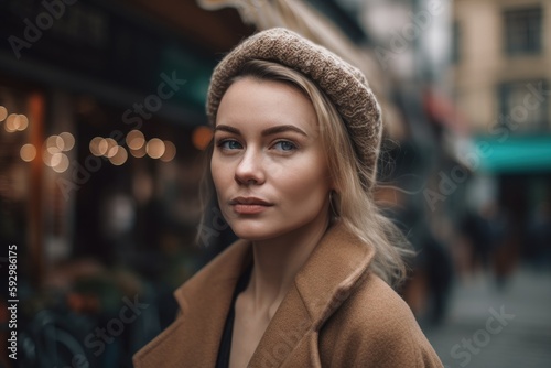 This stunning portrait captures the beauty and confidence of a young woman against the backdrop of a bustling city street Generative AI © ChaoticMind