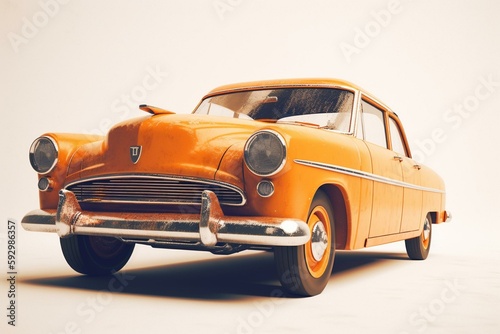 Illustration of a vintage orange car on white background. Generative AI