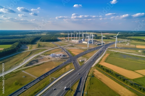 Solar/Wind Farm near Highway Interchange. Photo generative AI