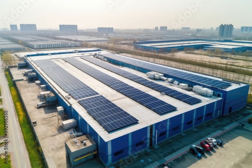 Aerial view of factory roof with solar panels. Photo generative AI