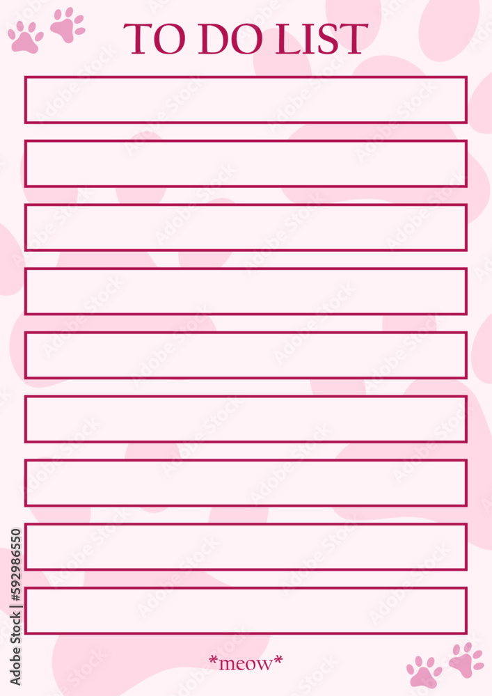 To do list. Vector template with cat's paws To do list. Vector template with cat's paws