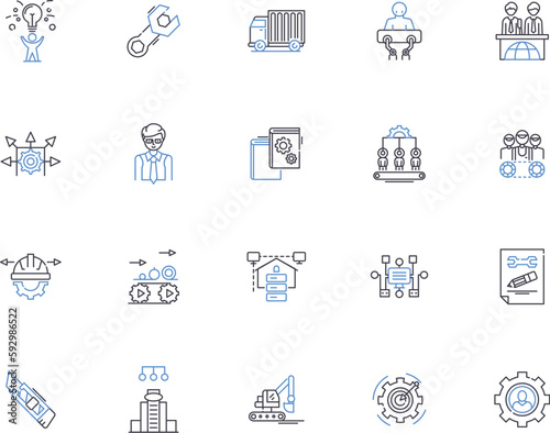 Factory outline icons collection. Factory, Manufacturing, Works, Plant, Warehouse, Manufacturing, Produce vector and illustration concept set. Machinery, Labor, Assemble linear signs