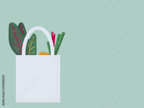 Fresh vegetables in an eco bag illustration on a green background with copyspace