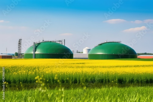 Modern biogas plant in rural area with rapeseed fields. Photo generative AI photo