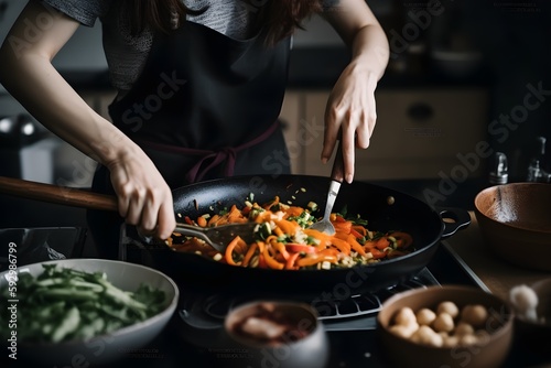 ..Woman cooking fragrant dish, blending veggies and spices in a hot pan