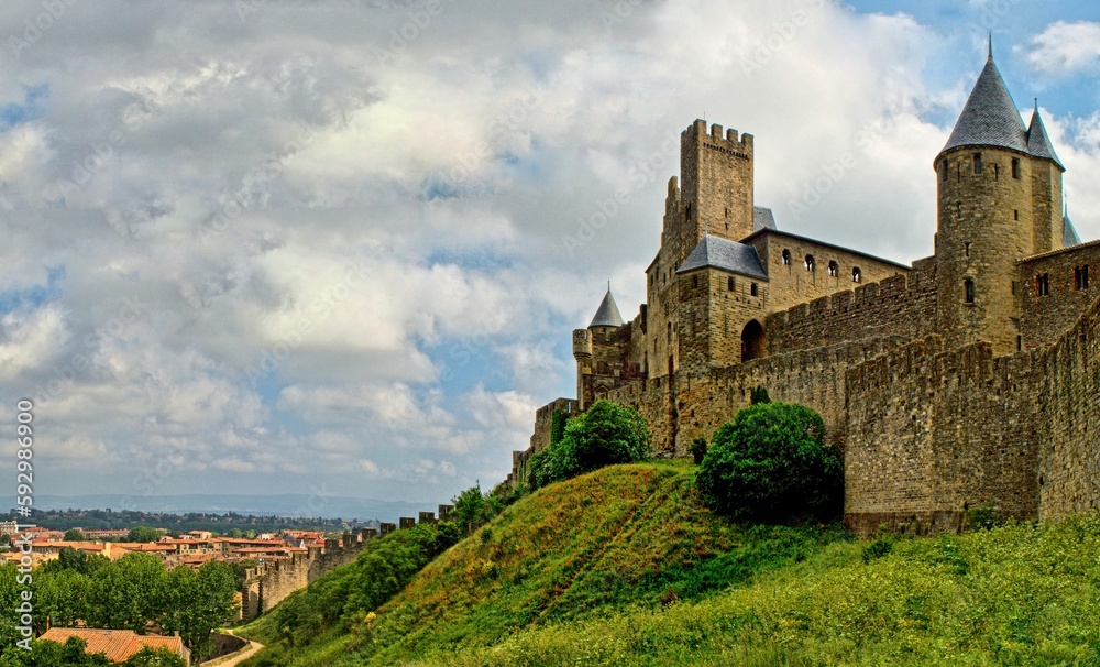 Closeup shot of the Carcassonne fortress on a hill in France