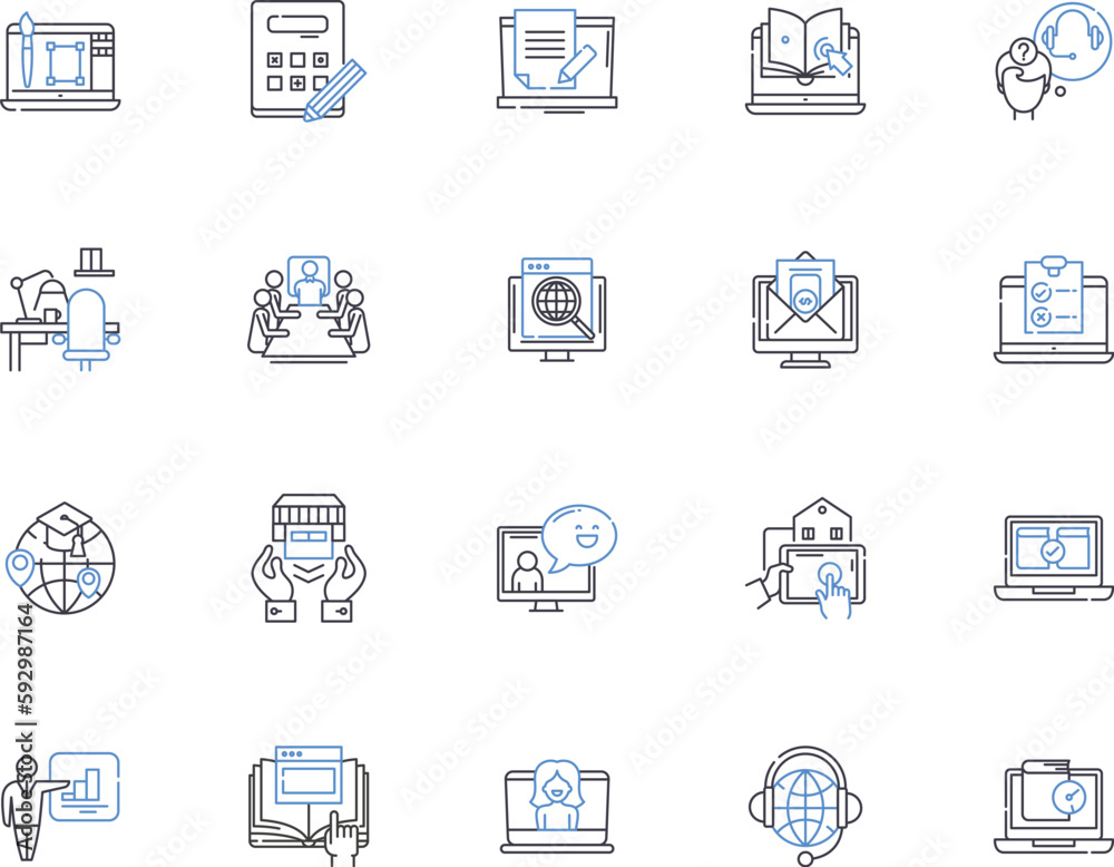 Online education outline icons collection. eLearning, Tutoring, Online-Courses, Distance-Learning, Virtual-Classroom, Video-Lectures, eTutoring vector and illustration concept set. Webinars, MOOCs