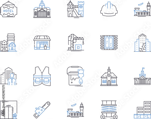Construction tools outline icons collection. Shovel, Hammer, Drill, Saw, Wood, Wrench, Pliers vector and illustration concept set. Screwdriver, Nail, Axe linear signs