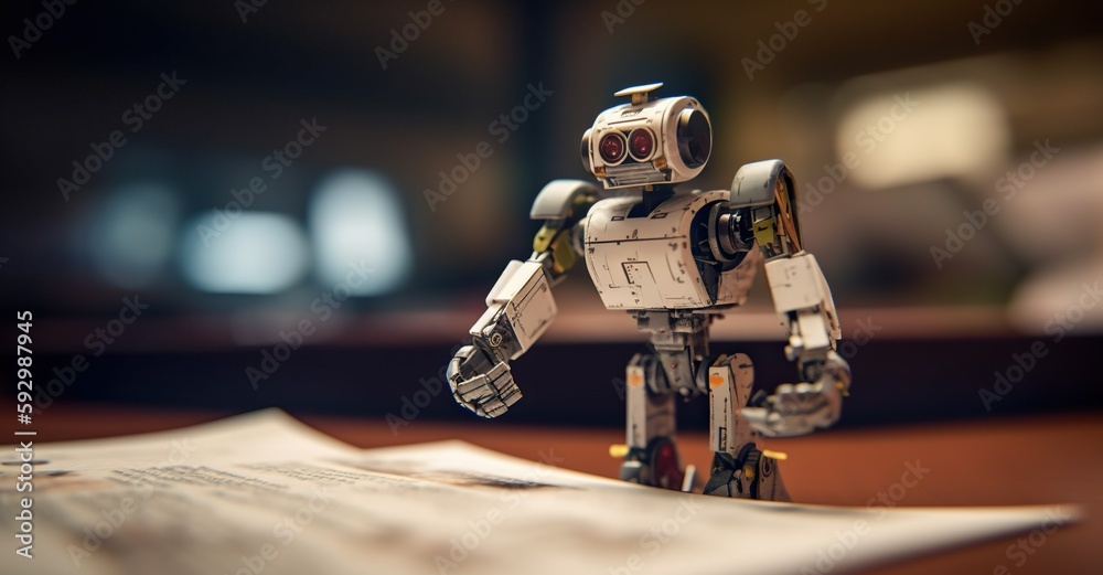 Fototapeta premium Tiny robot working with papers at the desk