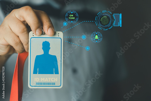 Staff showing ID staff card on scanning access system for identity verification to attendance to work, fingerprint and face for check attendance. Employee attendance concept. HR concept photo