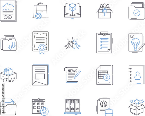 Document processing outline icons collection. Documentation, Processing, Editing, Scanning, Creating, Sharing, Formatting vector and illustration concept set. Organizing, Retrieving, Converting linear