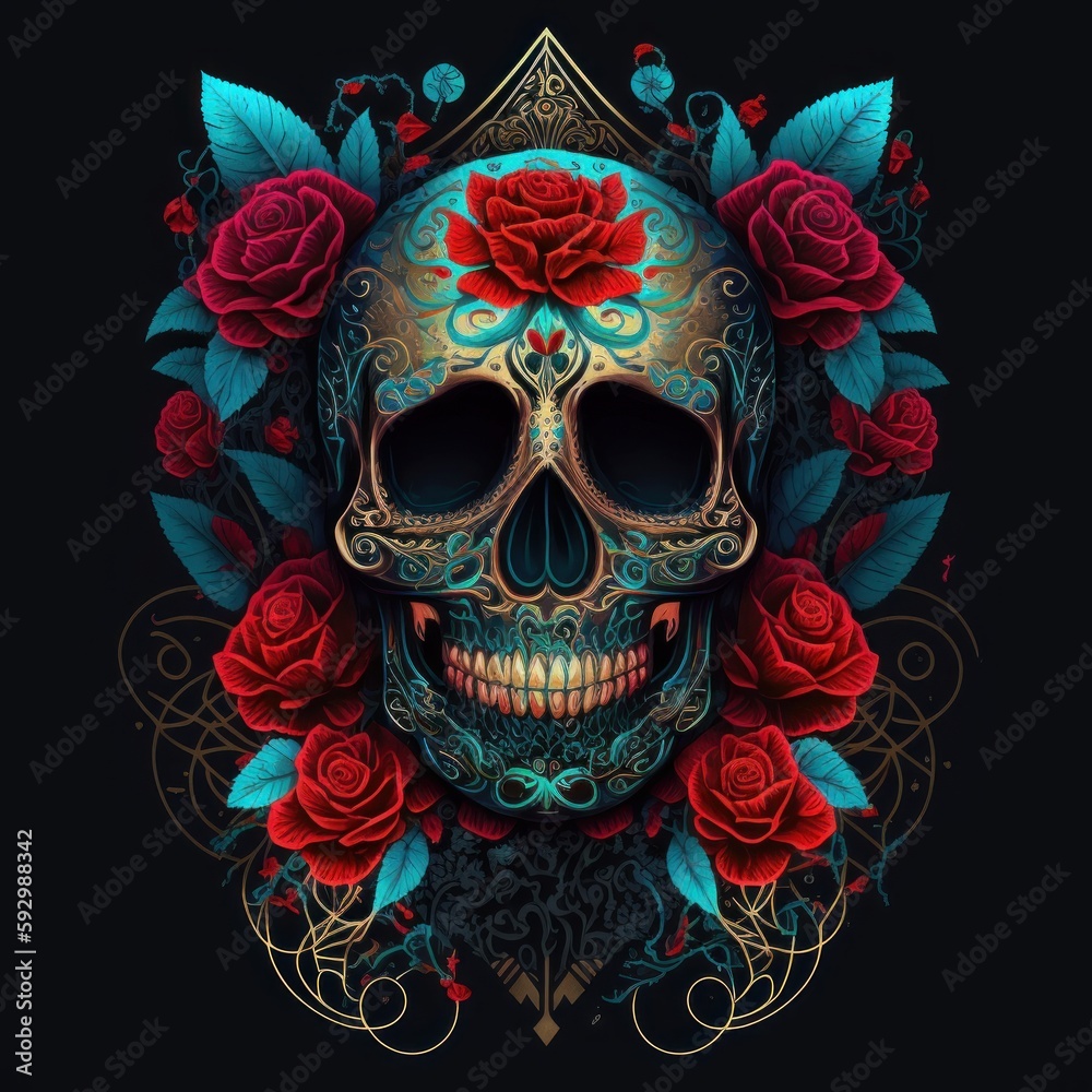 Generative ai of cool skull and roses illustration
