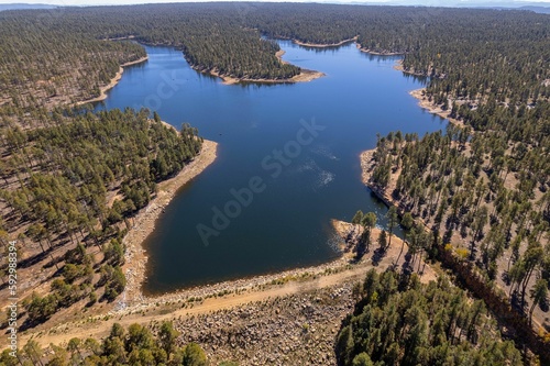 Aerial drone shot of Willow Springs Lake near a forest in Arizona, United States