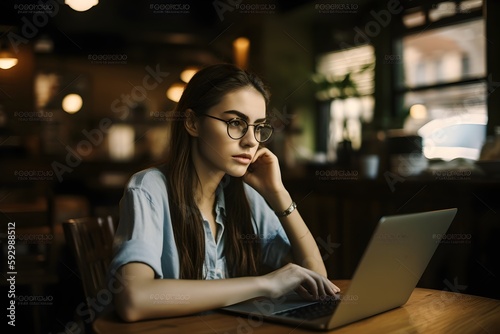..Young woman enjoying a cup of coffee while working on her laptop at a