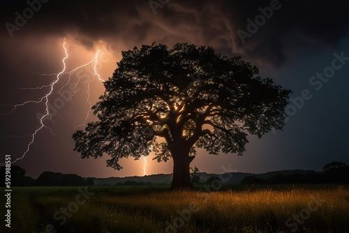 a tree in the middle of a field during a thunderstorm