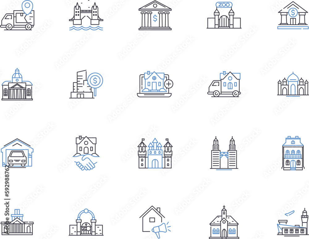 Property investment outline icons collection. investment, property, realestate, rentals, yielding, revenue, capital vector and illustration concept set. return, leasing, mortgaging linear signs