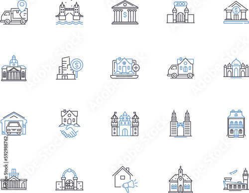 Property investment outline icons collection. investment, property, realestate, rentals, yielding, revenue, capital vector and illustration concept set. return, leasing, mortgaging linear signs