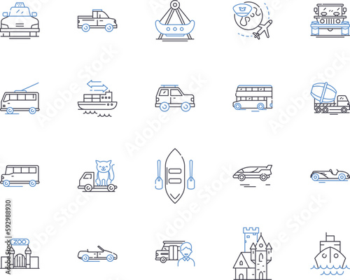 Transport and tour outline icons collection. Transport, Tour, Travel, Bus, Taxi, Car, Rail vector and illustration concept set. Flight,Airline,Cruise linear signs