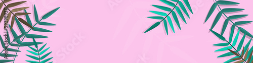 Banner with a green leaves of palm on a pink background