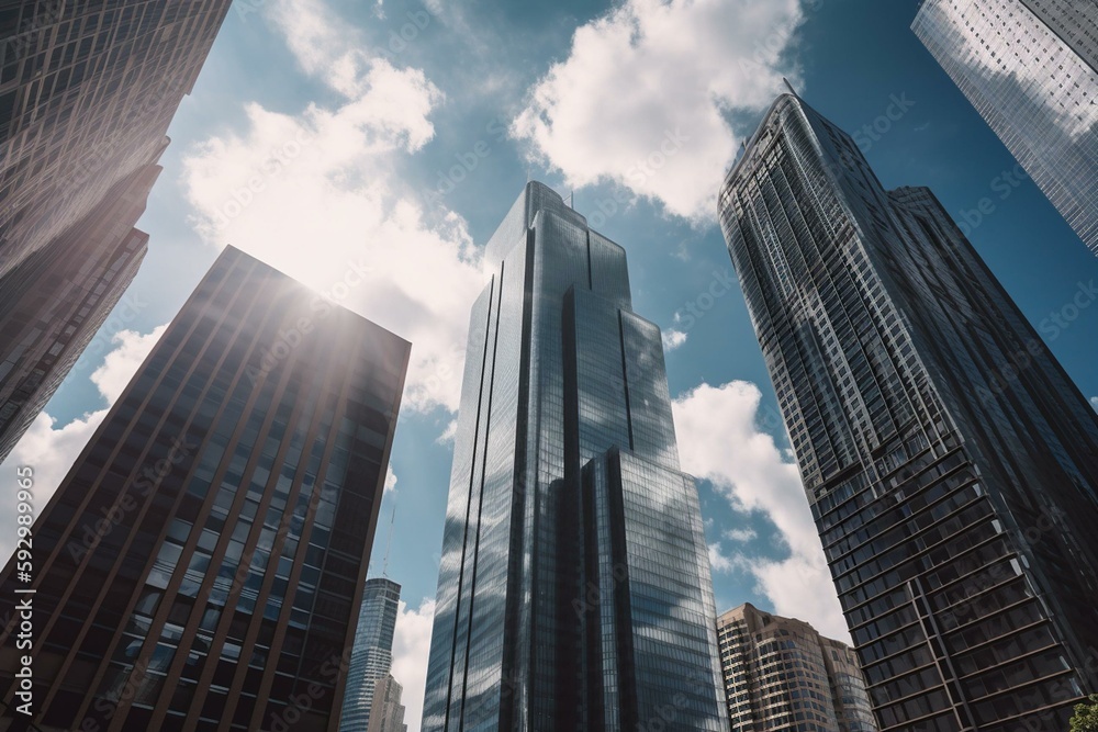 Modern tower buildings or skyscrapers in financial district with cloud on sunny day in Chicago, USA. Construction industry, business enterprise organization, or communication. Generative AI