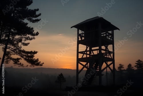 ..Silhouetted watchtower stands against a breathtaking sunrise.