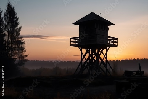 ..Morning sunrise illuminates a wooden watchtower in the distance.