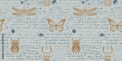 vector image of a seamless textured background in the style of notes from an entomologist diary with sketches, formulas and notes and sketches of insects