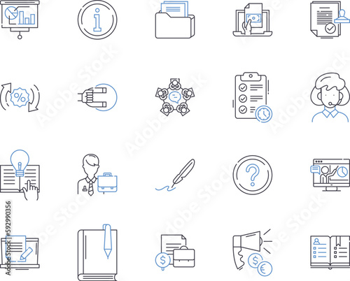 Credit management outline icons collection. Credit, Management, Accounts, Loans, Debts, Financials, Reconcile vector and illustration concept set. Risk, Evaluation, Monitoring linear signs