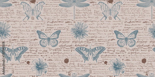 vector image of a seamless textured background in the style of notes from an entomologist diary with sketches, formulas and notes and sketches of insects