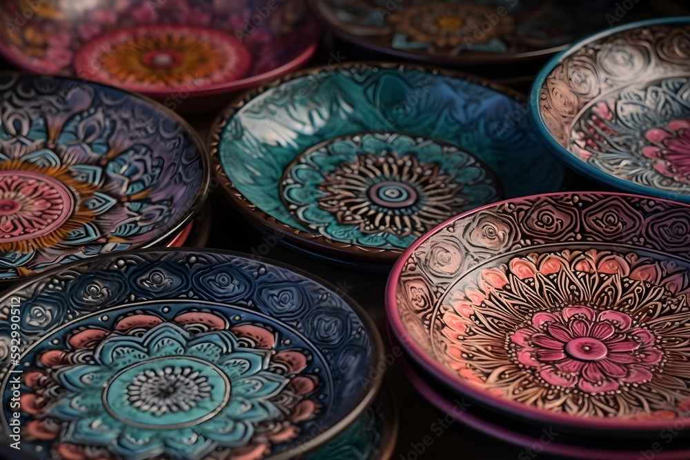 ..Unique ceramic plates adorned with intricate patterns.