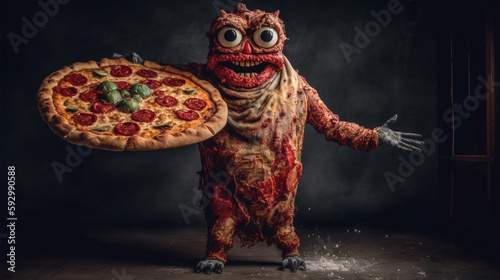 A pizza with a monster face made of pizza