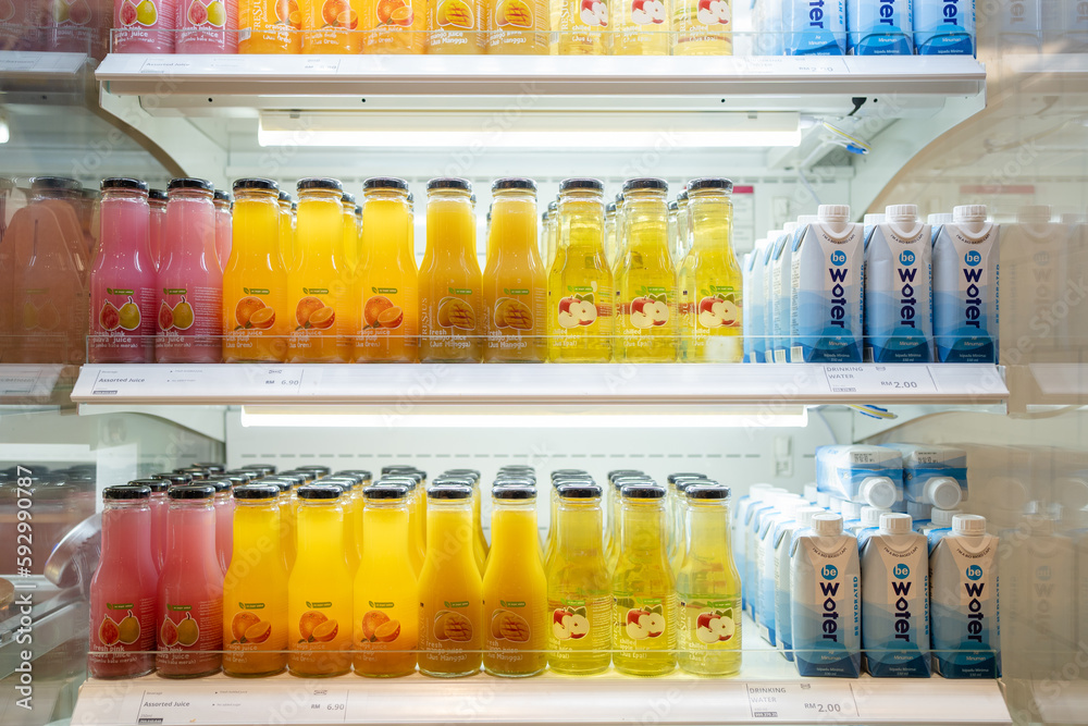PENANG, MALAYSIA APR 13, 2023 IKEA bottle juice close up in IKEA Swedish Cafe fridge foto de