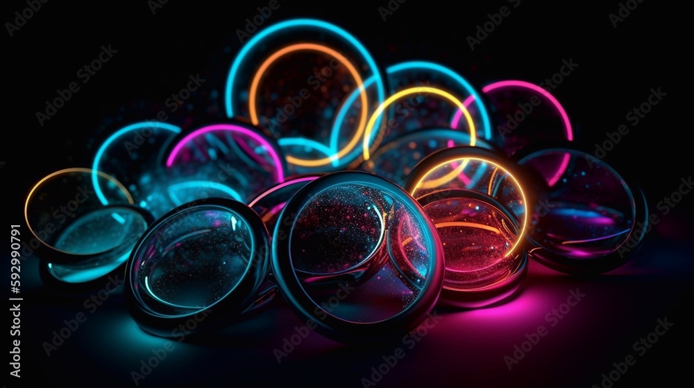 Neon rings and glowing bubbles. Generative AI. Neon rings and glowing bubbles. Generative AI.